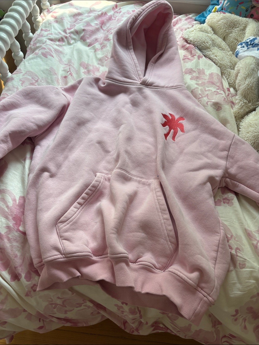Women's Pink Hooded Sweatshirt with Red Graphic Accent